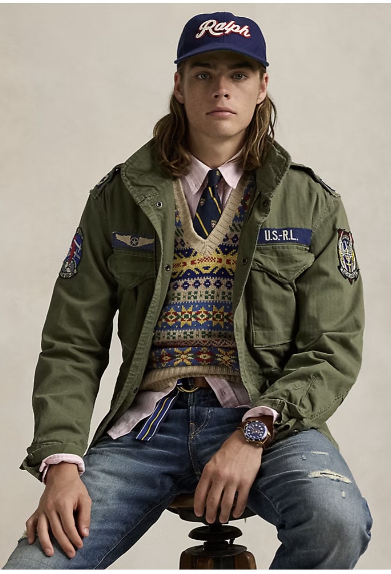 Field jacket styled with patches